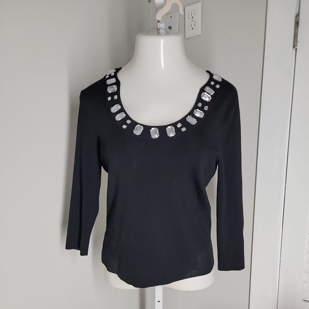 Cable & Gauge Rib Knit Beaded Blouse Shirt ~ Sz M ~ Black ~ Long Sleeve